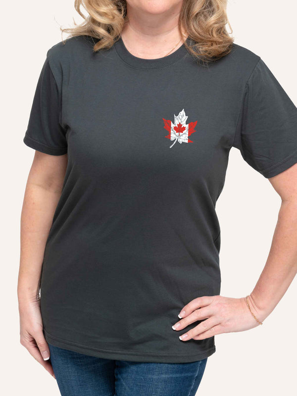 Woman wearing grey t-shirt with canada flag within maple leaf - Made in Canada by Choose Canadian Apparel Co