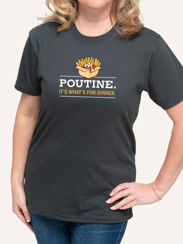 Woman wearing grey t-shirt with poutine it's what's for dinner slogan - Made in Canada by Choose Canadian Apparel Co