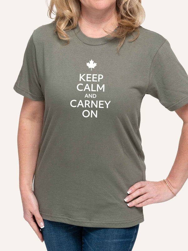 Woman wearing green t-shirt with Keep Calm and Carney On slogan - Made in Canada by Choose Canadian Apparel Co
