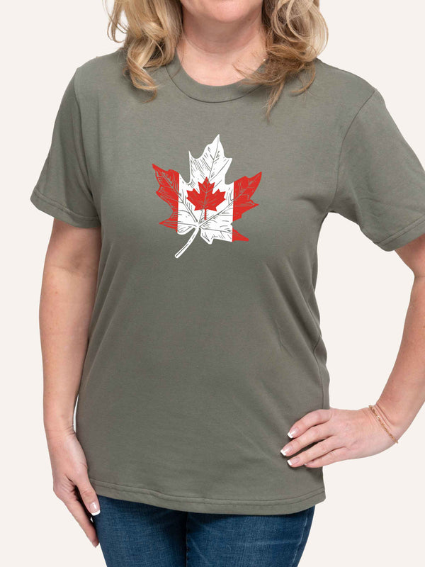 Woman wearing green t-shirt with Canada Flag inside Maple Leaf shape - Made in Canada by Choose Canadian Apparel Co