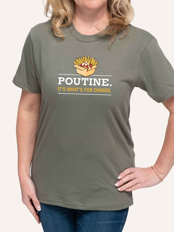 Woman wearing green t-shirt with poutine it's what's for dinner slogan - Made in Canada by Choose Canadian Apparel Co