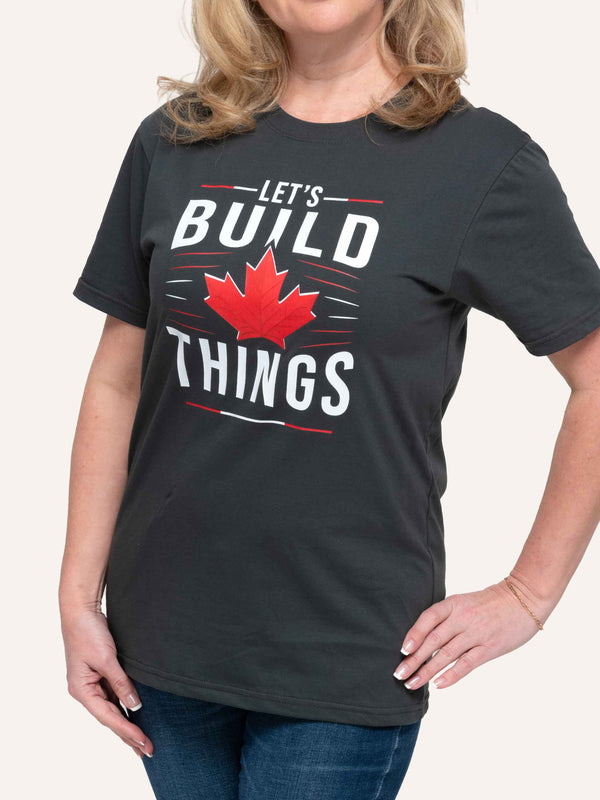 Charcoal Grey Unisex T-shirt with Maple Leaf image and Let's Build Things slogan - Made in Canada by Choose Canadian Apparel Co