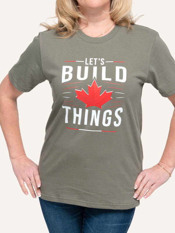 Sage Green Unisex T-shirt with Maple Leaf image and Let's Build Things slogan - Made in Canada by Choose Canadian Apparel Co