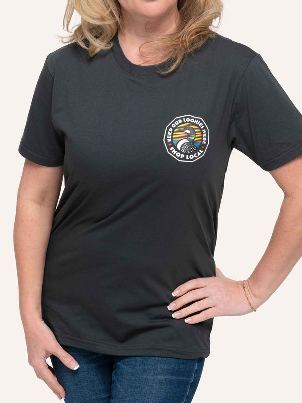 Gray Unisex T-shirt with Loon image and Keep Our Loonies Here slogan - Made in Canada by Choose Canadian Apparel Co