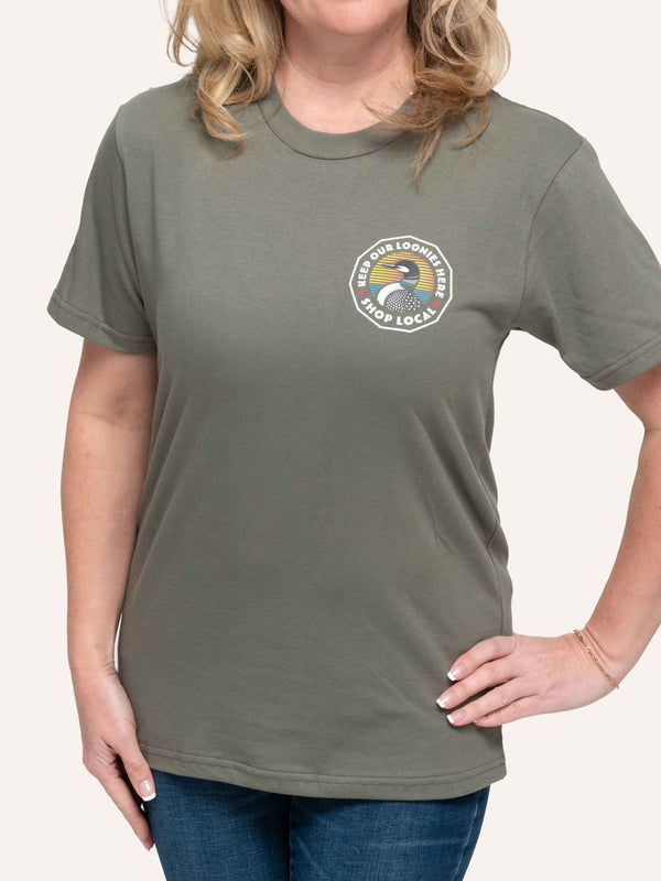 Sage Green Unisex T-shirt with Loon image and Keep Our Loonies Here slogan - Made in Canada by Choose Canadian Apparel Co