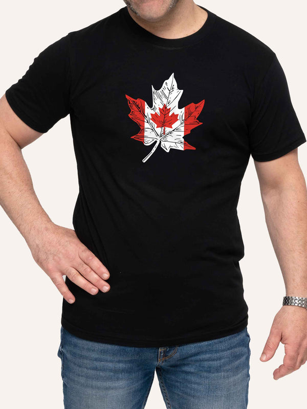 Man wearing black t-shirt with Canada Flag inside Maple Leaf shape - Made in Canada by Choose Canadian Apparel Co