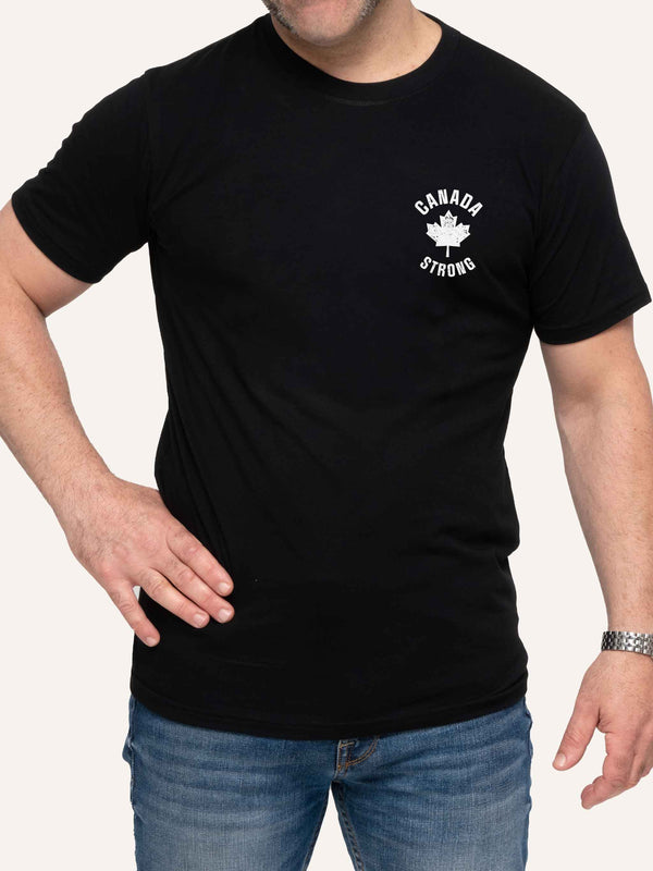 Man wearing black t-shirt with canada strong slogan and maple leaf - Made in Canada by Choose Canadian Apparel Co