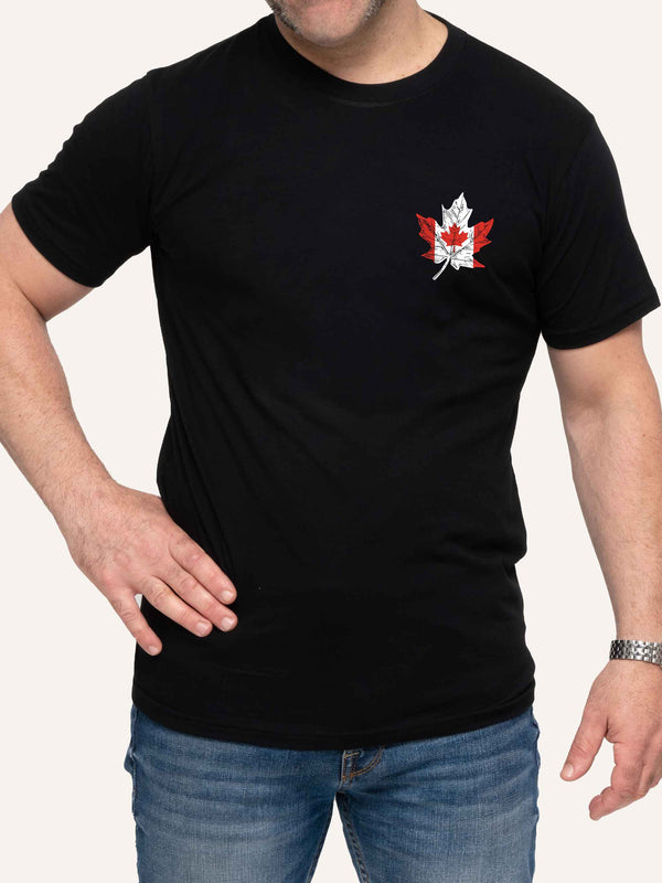 Man wearing black t-shirt with canada flag within maple leaf - Made in Canada by Choose Canadian Apparel Co
