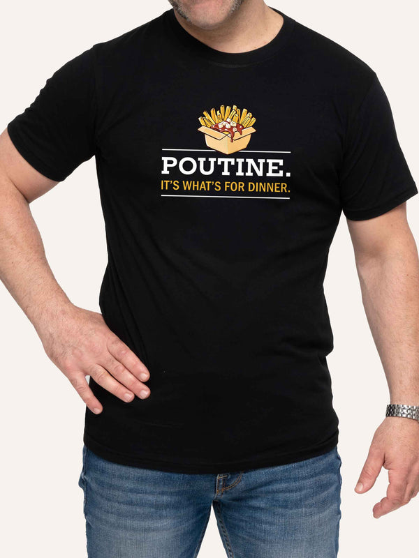 Man wearing black t-shirt with poutine it's what's for dinner slogan - Made in Canada by Choose Canadian Apparel Co