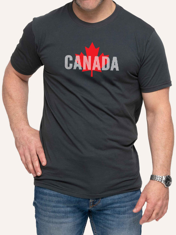 Man wearing grey t-shirt with Maple Leaf and vertical white lines - Made in Canada by Choose Canadian Apparel Co