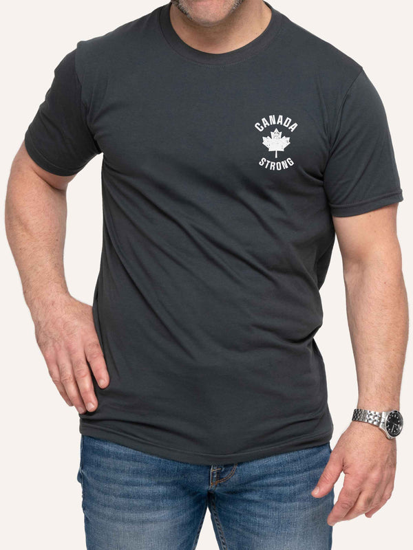 Man wearing grey t-shirt with canada strong slogan and maple leaf - Made in Canada by Choose Canadian Apparel Co