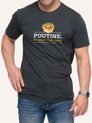 Man wearing grey t-shirt with poutine it's what's for dinner slogan - Made in Canada by Choose Canadian Apparel Co