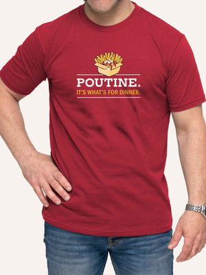 Man wearing red t-shirt with poutine it's what's for dinner slogan - Made in Canada by Choose Canadian Apparel Co