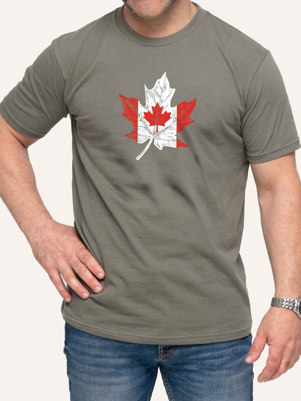 Man wearing green t-shirt with Canada Flag inside Maple Leaf shape - Made in Canada by Choose Canadian Apparel Co