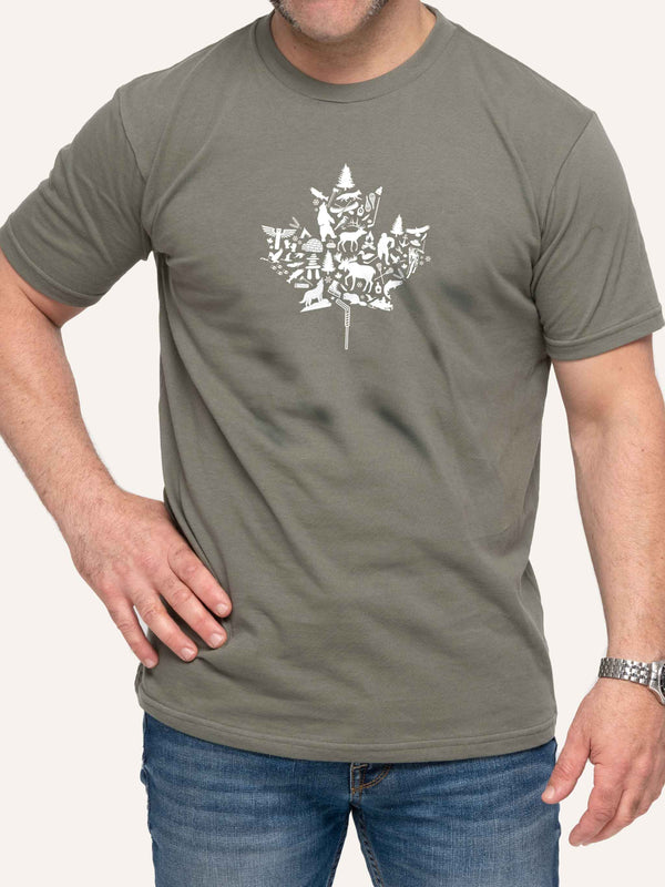 Man wearing green t-shirt with maple leaf shaped montage of Canadian symbols - Made in Canada by Choose Canadian Apparel Co