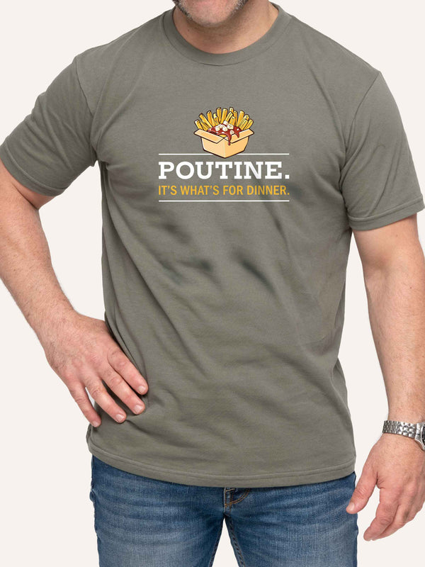 Man wearing green t-shirt with poutine it's what's for dinner slogan - Made in Canada by Choose Canadian Apparel Co
