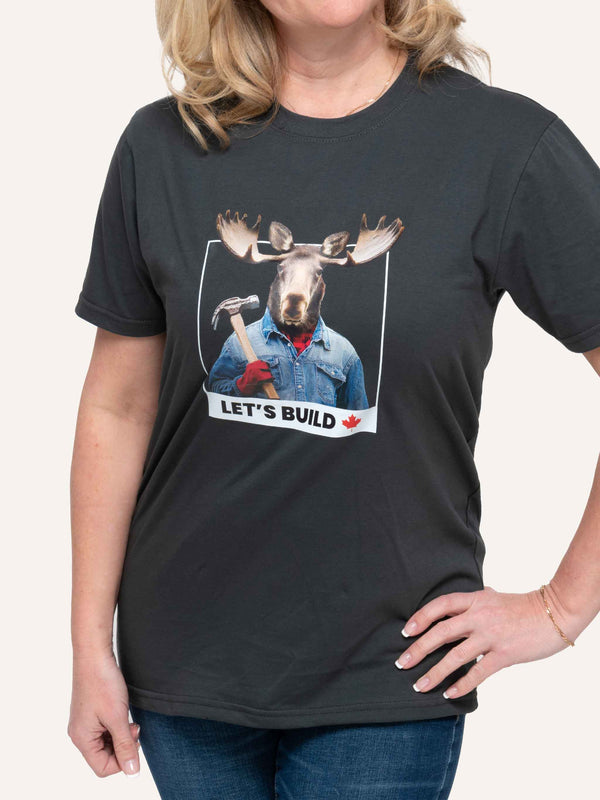 Charcoal Grey Unisex T-shirt with Moose and Hammer image and Let's Build Maple Leaf slogan - Made in Canada by Choose Canadian Apparel Co