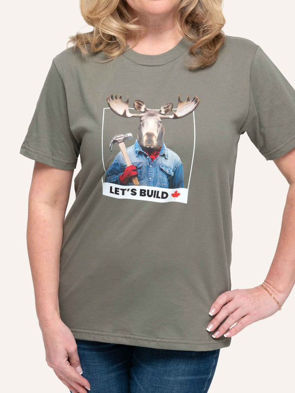 Sage Green Unisex T-shirt with Moose and Hammer image and Let's Build Maple Leaf slogan - Made in Canada by Choose Canadian Apparel Co