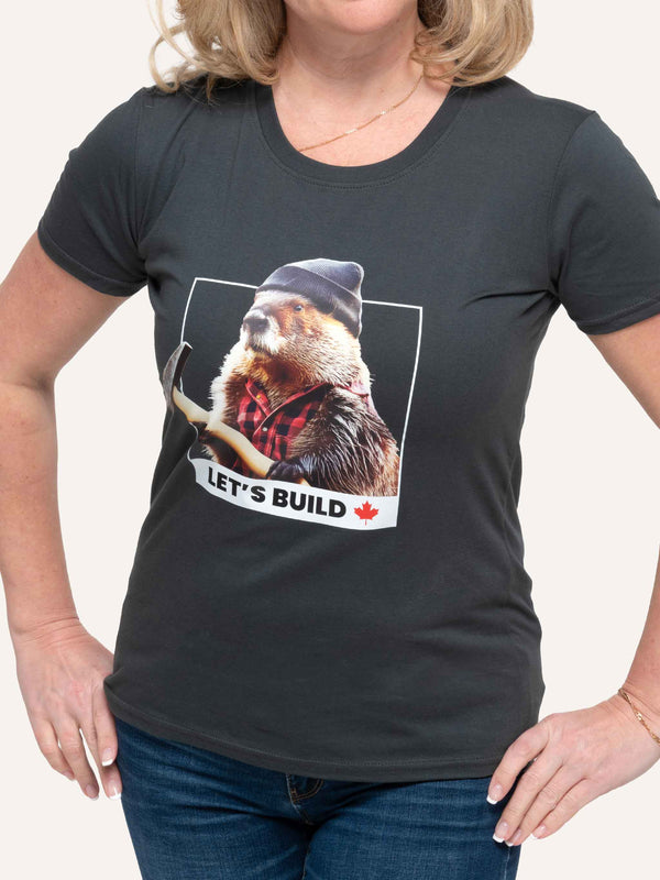 Let's Build Canada Beaver - Women's Charcoal Grey T-Shirt - Made in Canada - Choose Canadian Apparel Co