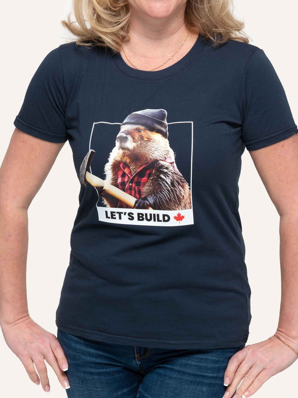 Let's Build Canada Beaver - Women's Navy Blue T-Shirt - Made in Canada - Choose Canadian Apparel Co