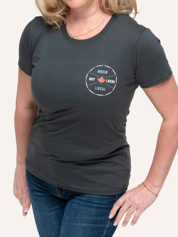 Build Local Buy Local - Women's Charcoal Grey T-Shirt - Made in Canada - Choose Canadian Apparel Co