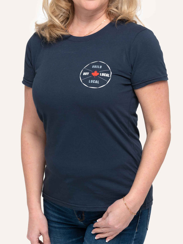 Build Local Buy Local - Women's Navy Blue T-Shirt - Made in Canada - Choose Canadian Apparel Co