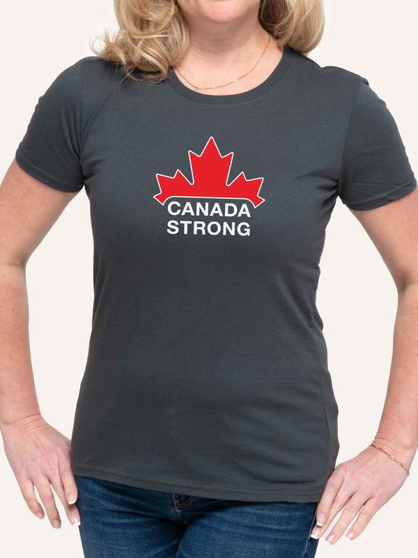 Woman wearing grey tshirt with red Canada Strong maple leaf logo - Made in Canada by Choose Canadian Apparel Co