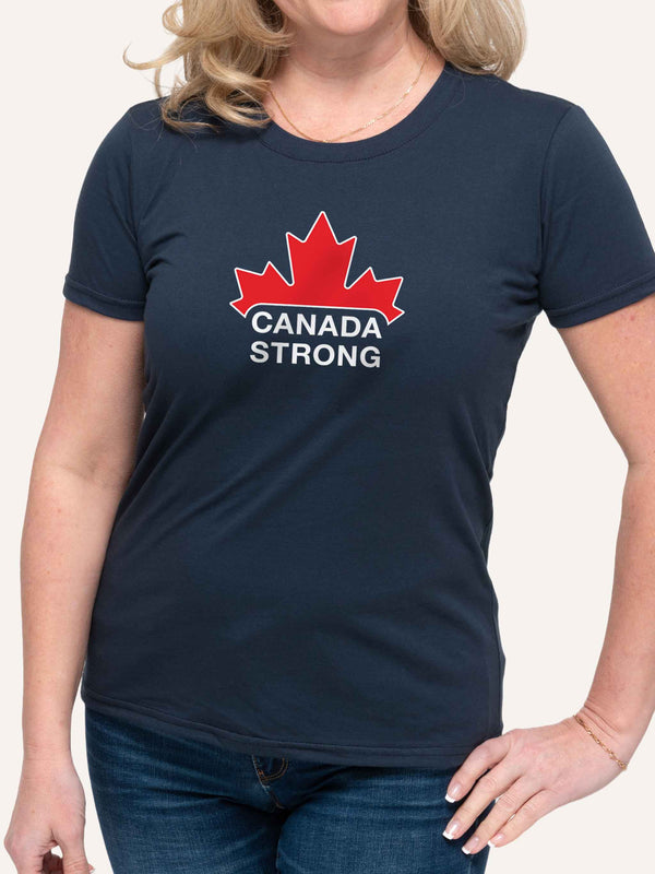 Woman wearing navy blue tshirt with red Canada Strong maple leaf logo - Made in Canada by Choose Canadian Apparel Co