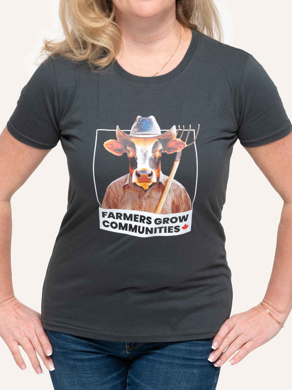 Farmers Grow Communities Cow - Women's Charcoal Grey T-Shirt - Made in Canada - Choose Canadian Apparel Co