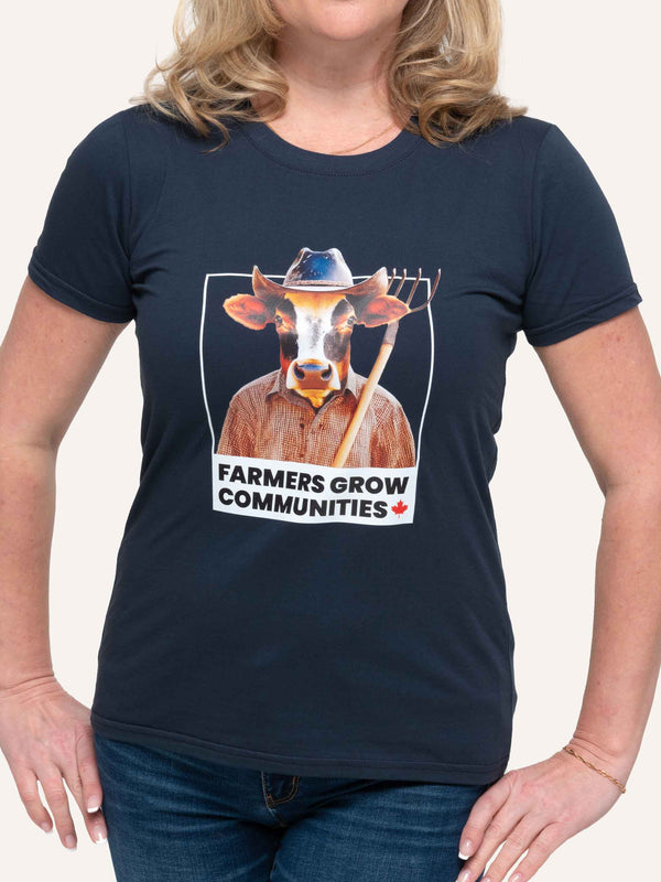 Farmers Grow Communities Cow - Women's Navy Blue T-Shirt - Made in Canada - Choose Canadian Apparel Co