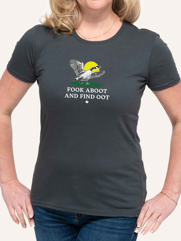 Woman wearing grey tshirt with fook aboot find oot slogan and canada goose in gadsden FAFO style - Made in Canada by Choose Canadian Apparel Co