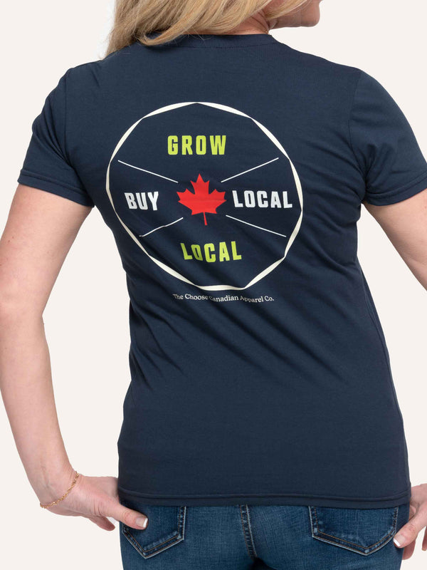 Grow Local Buy Local for Farmers - Women's Navy Blue T-Shirt - Made in Canada - Choose Canadian Apparel Co