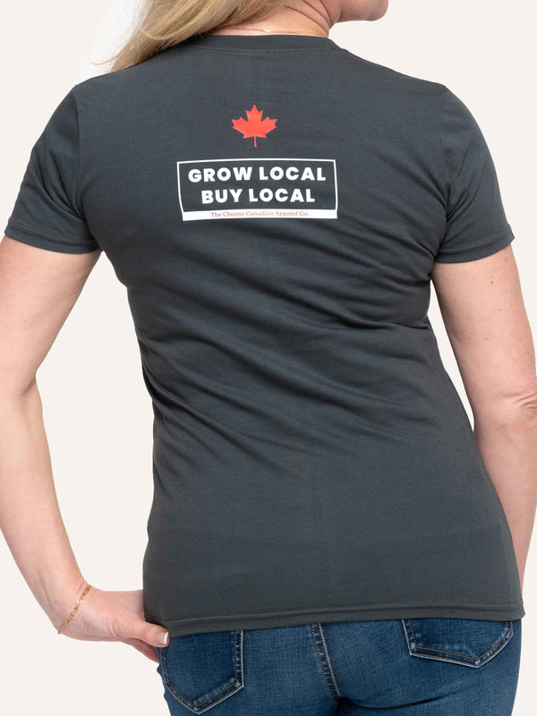 Grow Local Buy Local for Farming - Women's Charcoal Grey T-Shirt - Made in Canada - Choose Canadian Apparel Co