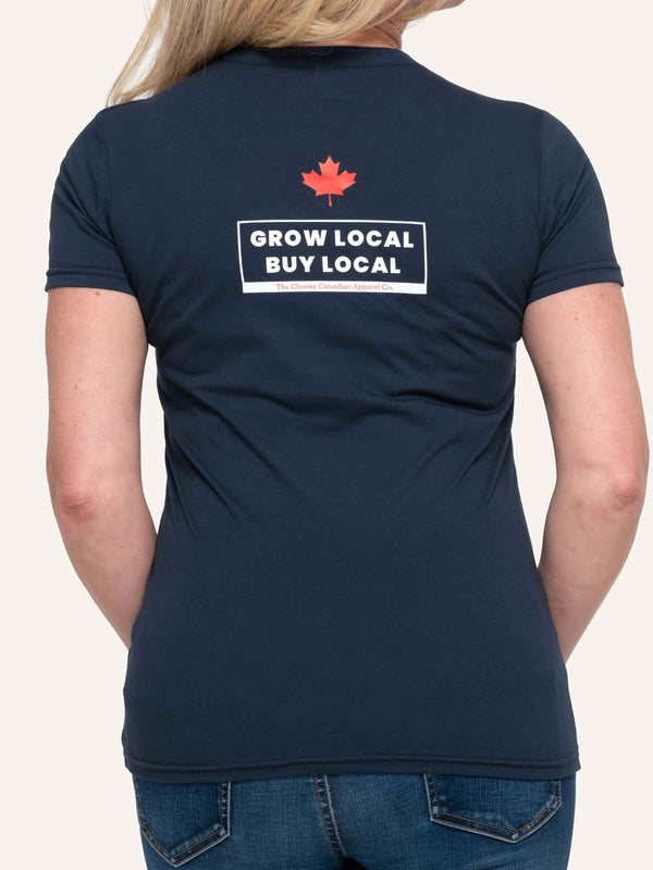 Grow Local Buy Local for Farming - Women's Navy Blue T-Shirt - Made in Canada - Choose Canadian Apparel Co