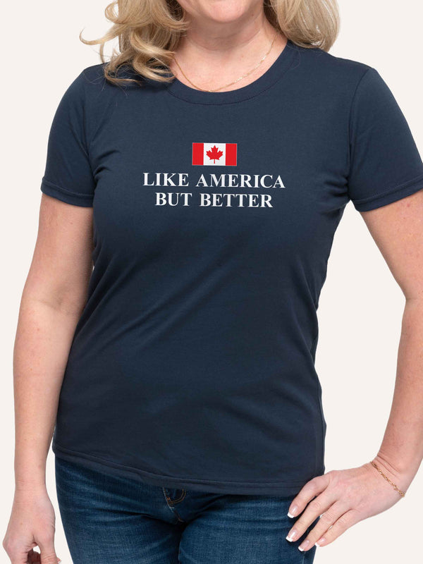 Woman wearing navy blue tshirt with Canada Flag and Like America But Better slogan - Made in Canada by Choose Canadian Apparel Co