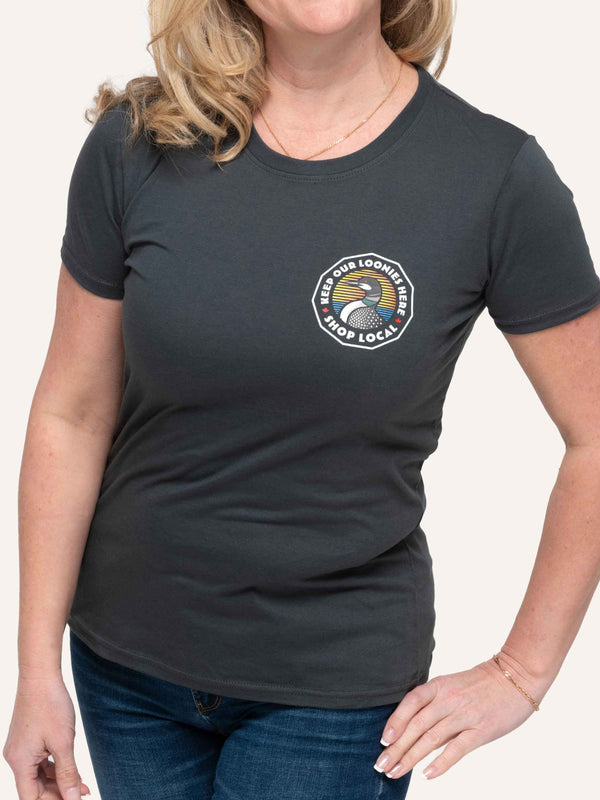 Keep Our Loonies Here - Women's Charcoal Grey T-Shirt - Made in Canada - Choose Canadian Apparel Co