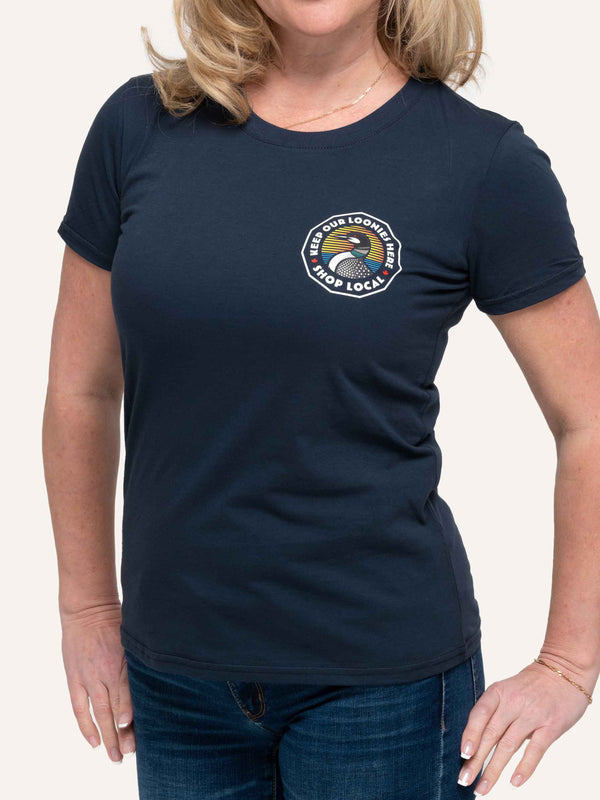 Keep Our Loonies Here - Women's Navy Blue T-Shirt - Made in Canada - Choose Canadian Apparel Co