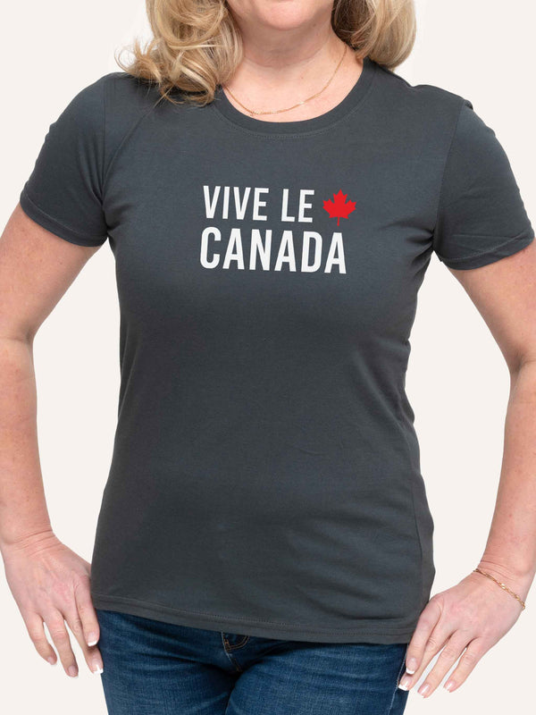 Woman wearing grey tshirt with vive Le Canada slogan and Maple Leaf - Made in Canada by Choose Canadian Apparel Co